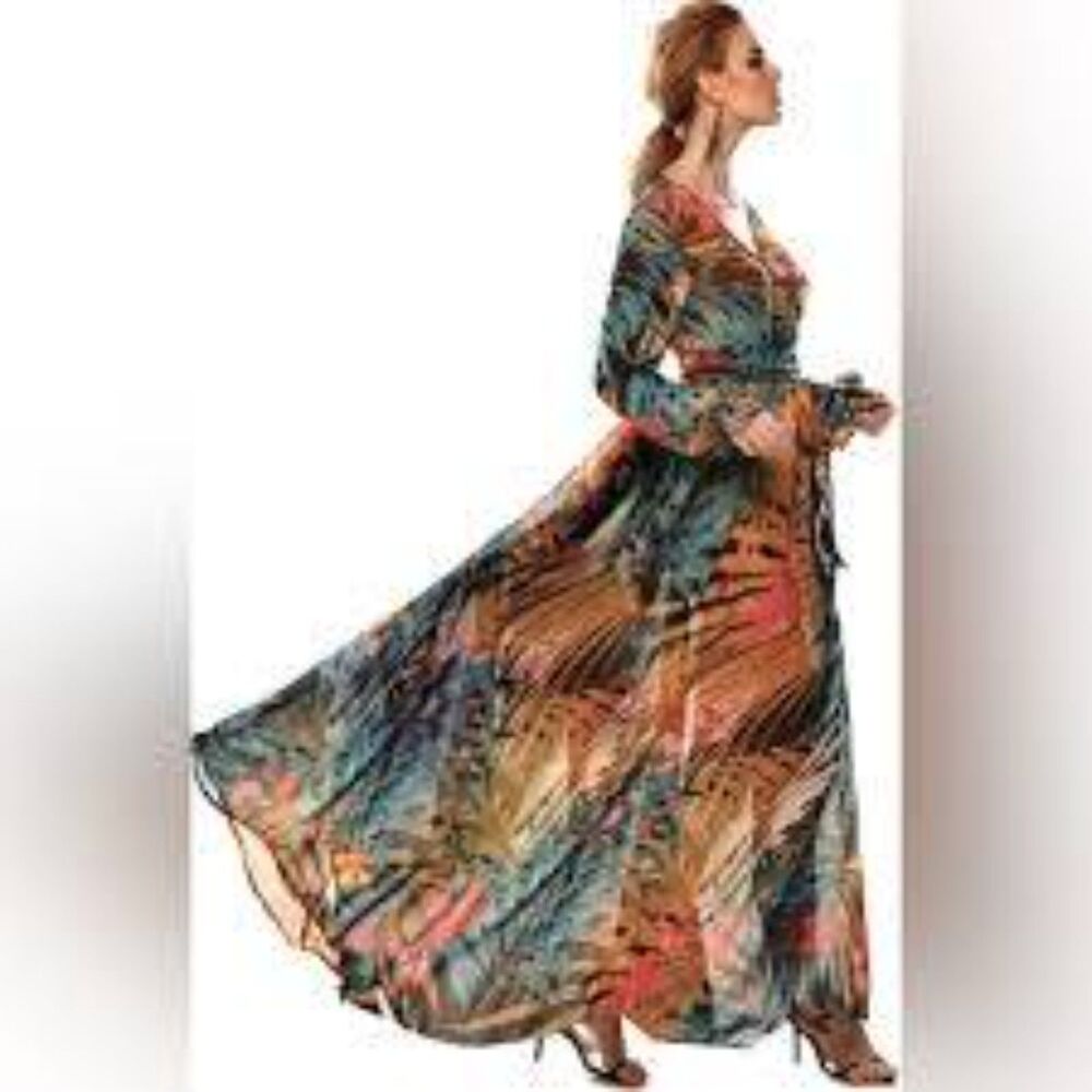SPY Zone Exchange Chiffon Animal Print Flowy Full A-Line Maxi Dress Boho Chic L